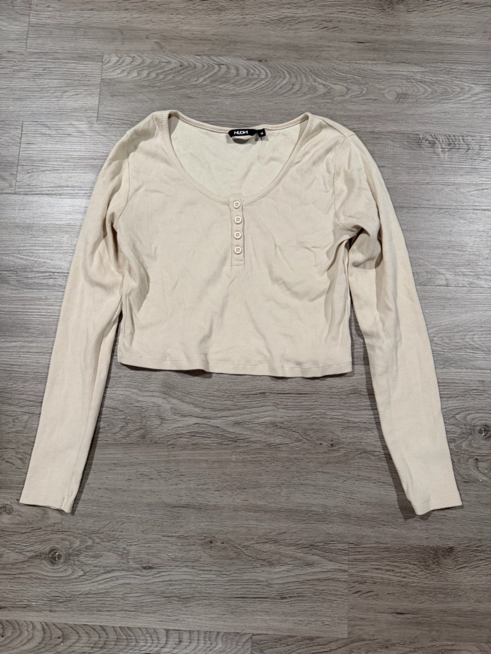 Noun Cropped Ribbed Henley Long Sleeve Top - Cream